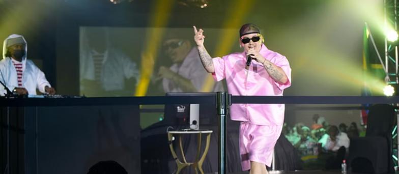 Music production and DJ performance with a performer in pink attire entertaining the crowd against a vibrant DJ backdrop