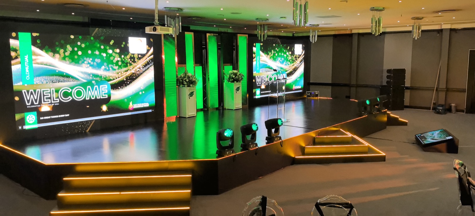 Gala awards stage with LED lighting, screens and lectern